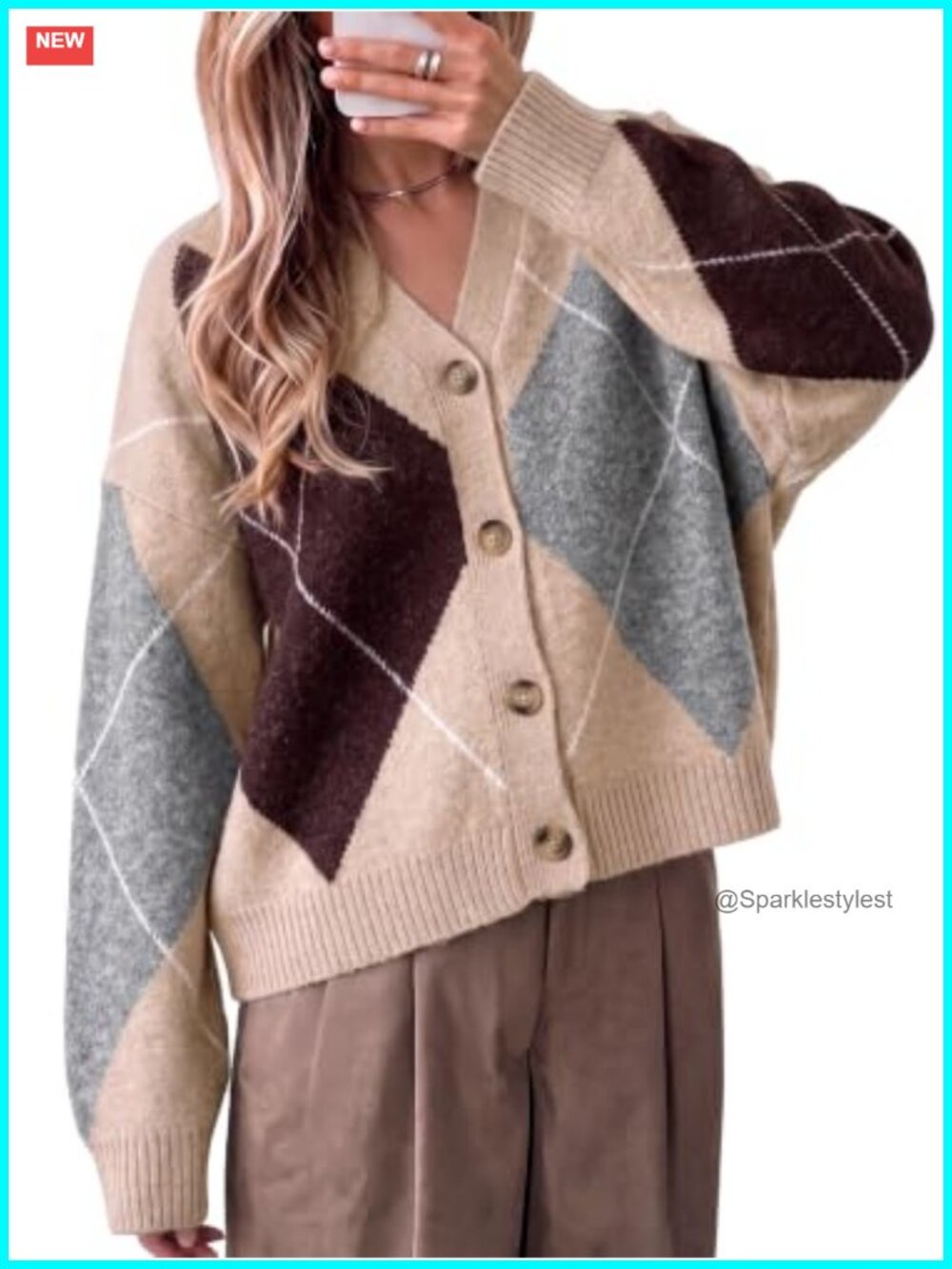 Plaid Color Block Cardigan V Neck Long Sleeve Knit Sweater